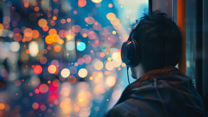 a man wearing headphones stares out a rainy window overlooking the city. slight melancholy and thoughtfulness. Generative AI