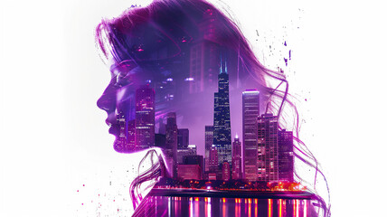 profile of a beautiful girl with long hair against a skyline with skyscrapers of a metropolis, neon purple and grape shades, white background. Generative AI