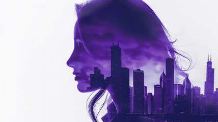 profile of a beautiful girl with long hair against a skyline with skyscrapers of a metropolis, neon purple and grape shades, white background. Generative AI