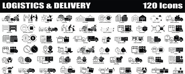 Logistics and Delivery black & white icon set. Editable Set of 120 Delivery and Logistics web icons in line and fill style. High quality business icon set of Logistics
