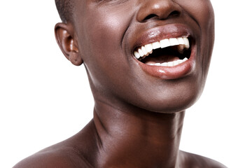 Mouth of black woman, happy or laughing with beauty, cosmetics or healthy skin for shine in studio....