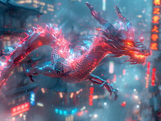 Futuristic neon dragon flying through a cyberpunk cityscape with glowing signs and skyscrapers.