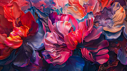 Fluid abstract expressionism, blooming flowers, Aesthetics colorful floral inspirational tenderness illustration, oil paint, Wall decorative photo, Generated AI. - obrazy, fototapety, plakaty