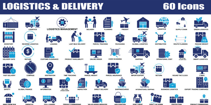 Logistics and Delivery Colorful icon set. Editable Set of 60 Delivery and Logistics web icons in fill style. High quality business icon set of Logistics