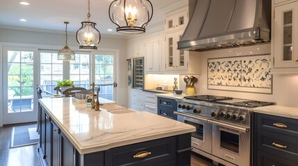 Elegant Kitchen with Dark Blue and Marble Island, To showcase an elegant and sophisticated kitchen design that blends traditional and modern