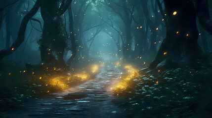 A magical and mysterious atmosphere like a fairy tale, the leaves are bathed in a dreamy light