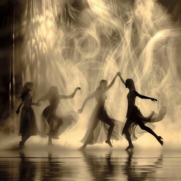 The beauty of movement captured in the elegant silhouettes set against a backdrop of swirling vapor.