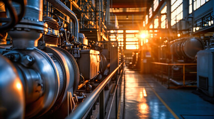 The sun shines through factory windows where modern engines are produced, showcasing high-tech machinery and industrial setting