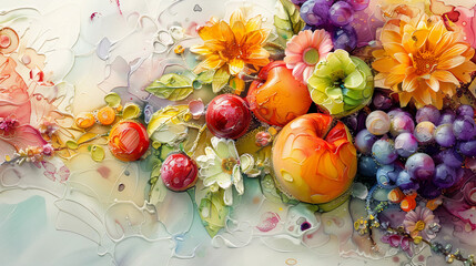 Obraz na płótnie Canvas Fruits Watercolor abstract background, 3D fruits decorative painted artificial surface, Kitchen decorative photo, Generative AI. 
