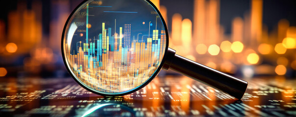 Magnifying Glass on Computer Keyboard - Enhancing Keyboard Visibility and Accuracy. Business Control over quotes and shares. Market research. Trader.