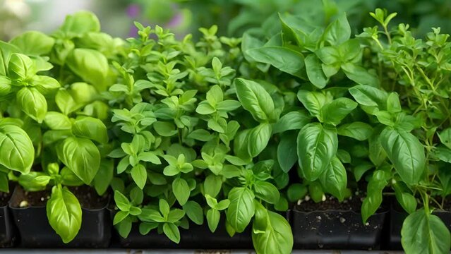 A shot of a tiered planter box filled with a variety of aromatic herbs including basil thyme and rosemary. The plants are neatly arranged in rows and flourishing in their