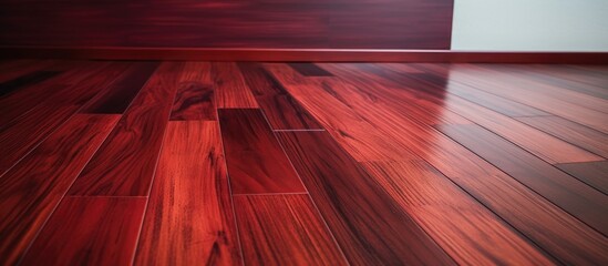A newly installed red wood floor is featured in the foreground, contrasting with a simple white wall in the background.