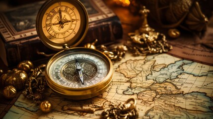 Antique compass on an old map, evoking the spirit of exploration and adventure