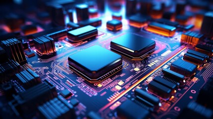 Fototapeta na wymiar Close-up of a futuristic circuit board, neon lights, high-tech feel