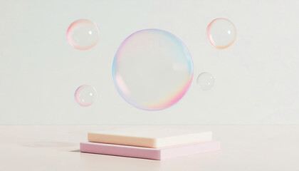 Flying soap bubbles on a pastel background. Presentation stage for product. Background or presentation area for product or marketing message. Copy space. 3D art, colorful, concept art, warm colors