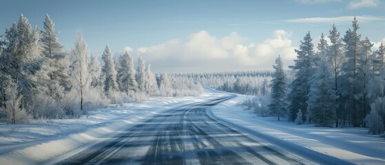 Snowy Winter Landscape with Empty Road and Trees