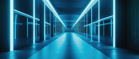 Futuristic Corridor with Neon Blue Lighting