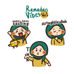 Illustration little girl activities in fasting month set ramadan vibes