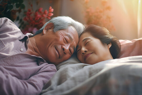 An elderly Asian man and woman laying together in bed, showcasing love and companionship