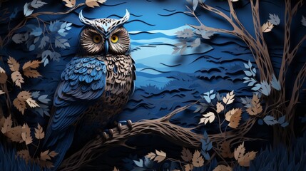 Realistic paper cut owl perched on a branch, moonlit night scene - Powered by Adobe