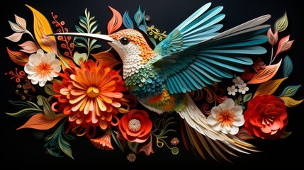 Realistic paper cut hummingbird near forest flowers, vibrant colors