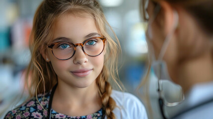 A female ophthalmologist checks the eyesight of a preschooler girl for an annual examination.