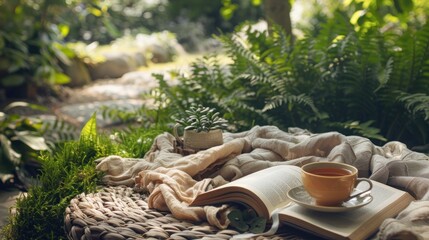A book and a cup of tea are laid out on a blanket in a lush green park