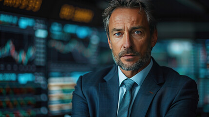 Fototapeta premium A middle aged businessman in suit in stock market screens.