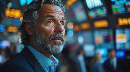 A middle aged businessman in suit in stock market screens.