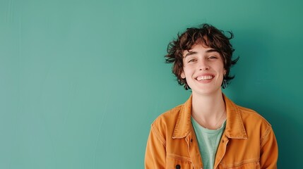 A person in casual wear standing casually with a friendly smile against a modern green background, real photo, stock photography
