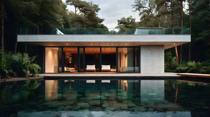 Modern architecture,  capsule style house with swimming pool concept built in nature and forest, background, wallpaper