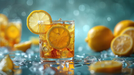 A summer cool lemon cold drink  on a blue background. - obrazy, fototapety, plakaty