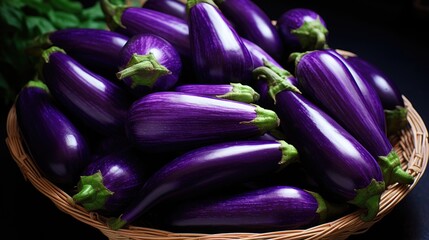 Fresh Organic Eggplants, brinjal in a basket