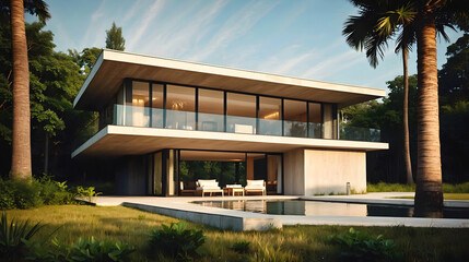 Fototapeta premium Modern architecture, capsule style house with swimming pool concept built in nature and forest, background, wallpaper