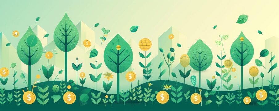 A green field with trees and flowers with a bunch of money scattered around