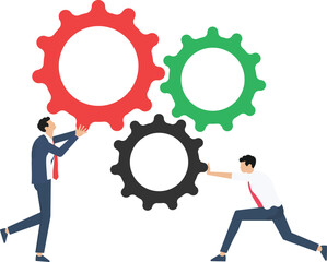 Business teamwork vector concept with business team pushing gears together. Symbol of cooperation, collaboration, technology, success

