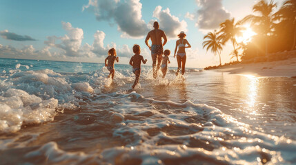 Dady and Mom run along the beach with their children on summer vacation, Family concept. - Powered by Adobe