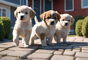 golden retriever puppies in front of house, pet animals, cute animals 