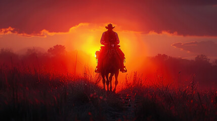 Silhouette of a cowboy riding a horse at sunset.