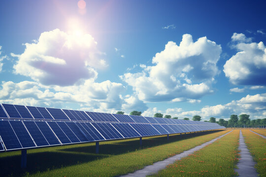 Solar cell farm power plant against sky Eco technology