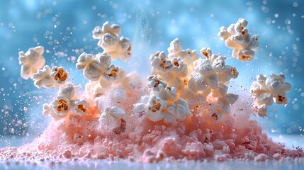 Fototapeta na wymiar A cinematic portrayal of popcorn eruption, artistically lit against a vibrant blue background, stock photography ai generative image