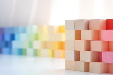 Spectrum of stacked multi-colored wooden blocks. Background or cover for something creative, diverse, expanding, rising or growing. Shallow depth of field white loft room with sunlight