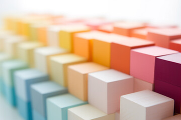 Obraz premium Spectrum of stacked multi-colored wooden blocks. Background or cover for something creative, diverse, expanding, rising or growing. Shallow depth of field white loft room with sunlight