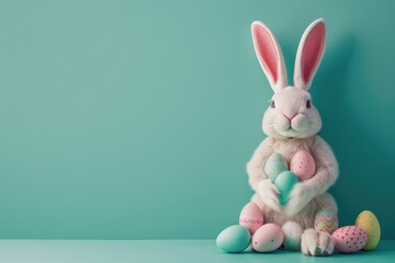 Cute funny rabbit with long ears sitting with colorful bright Easter eggs on blue background