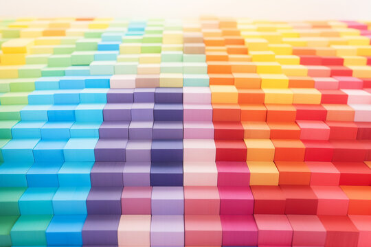 Spectrum of stacked multi-colored wooden blocks. Background or cover for something creative, diverse, expanding, rising or growing. Shallow depth of field white loft room with sunlight