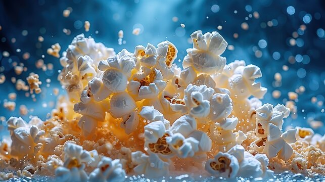 A cinematic portrayal of popcorn eruption, artistically lit against a vibrant blue background, stock photography ai generative image