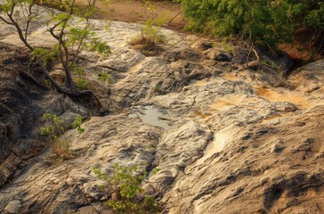Rugged Landscape with Sparse Greenery and Rocks