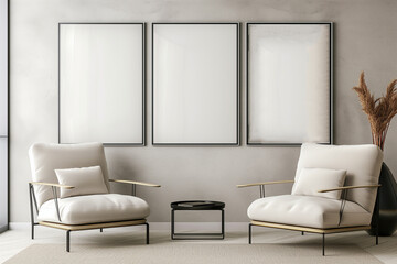 3 empty frames wall art in living room mock up.