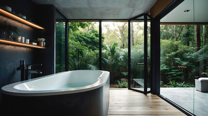 Fototapeta premium Modern bathroom with luxury spa wellness bathtub built in nature and forest, architecture background