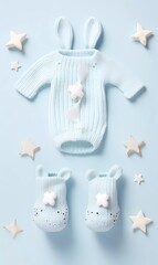 Cute blue baby newborn set of toys, baby wear and gifts. Childrens concept banner with copy space for text.